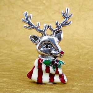 Reindeer Christmas Holiday Brooch Pin with Red and White Enamel Scarf new
